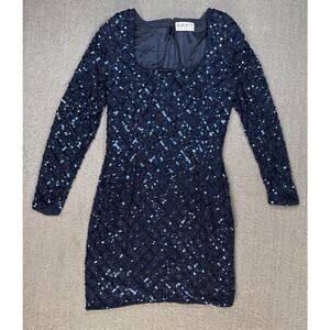 Oleg Cassini Formal Dress Black Tie Sequin Beaded Long Sleeve Navy Blue Size 12